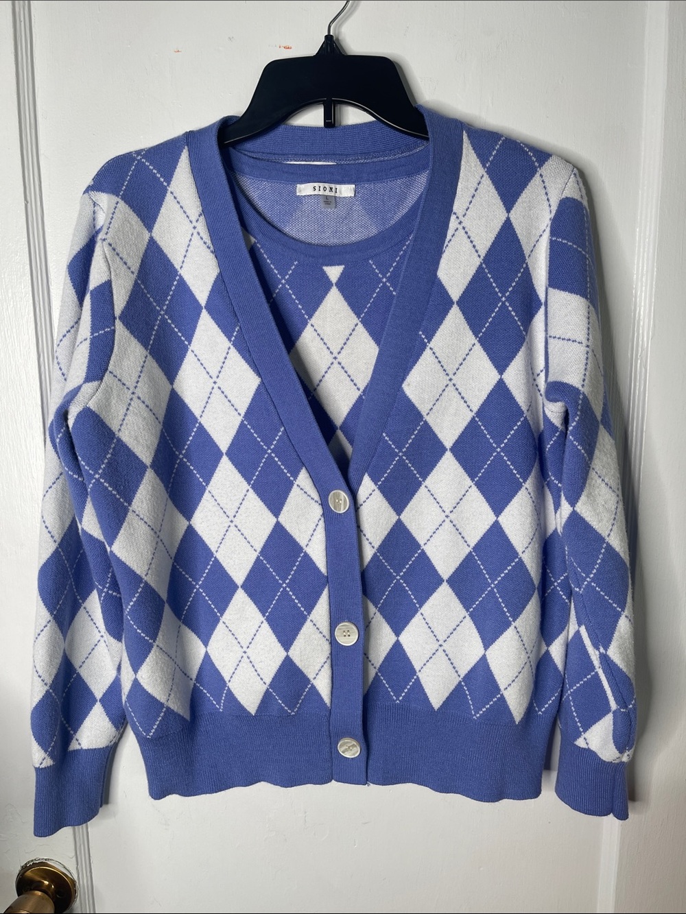 Argyle Cardigan Shell Set Large Sioni Periwinkle White Tank Button Front Twinset